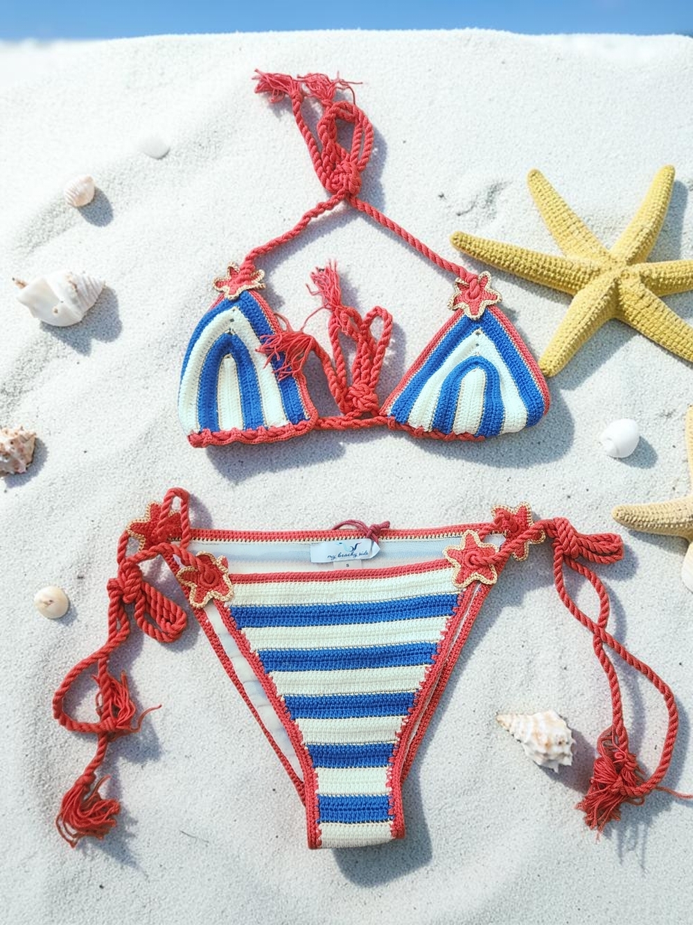 My Beachy Side Handmade Crochet Star Bikini Set S Navy Stripe NWT SS23 MSRP $225
